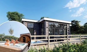 A modern house with a hot tub and a wooden deck. - TopParken Résidence Valkenburg (Schin op Geul)