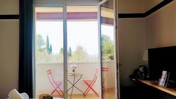 A hotel room with a bed, a TV, a balcony with a table and chairs, and a check-in counter.