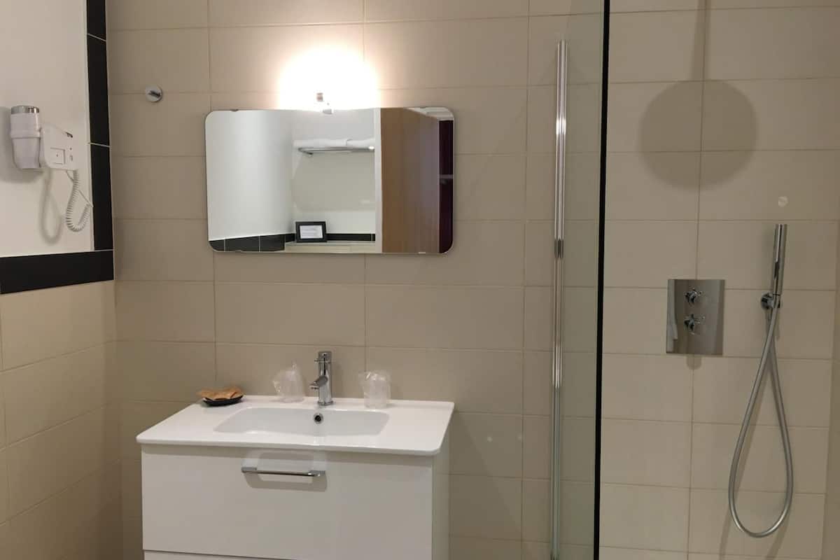 shower, free toiletries, hair dryer, towels