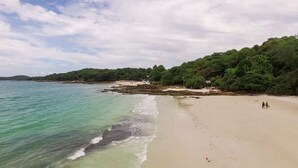 Una playa con agua turquesa cristalina, una orilla arenosa y un denso bosque al fondo.