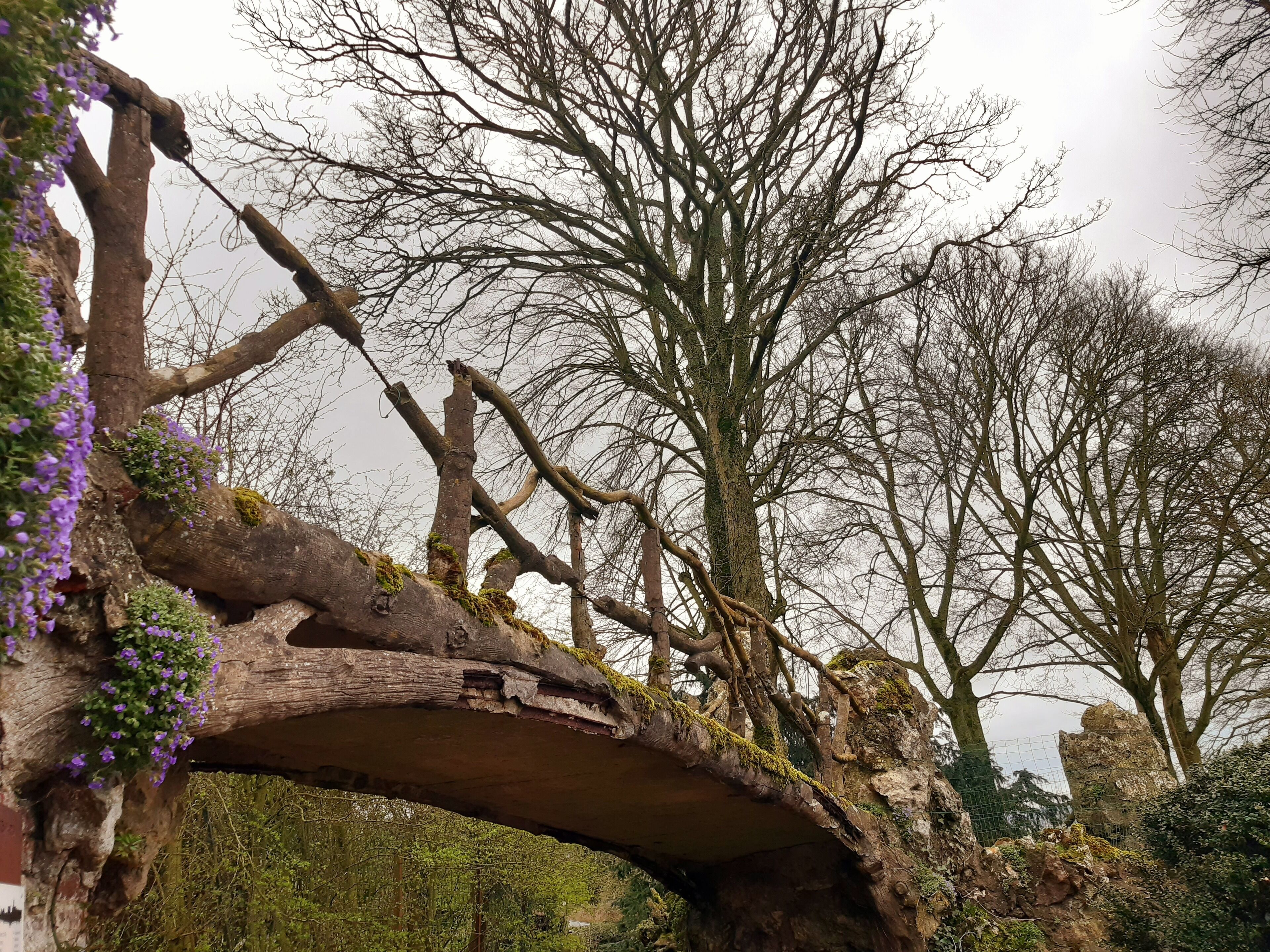A rustic stone bridge with a natural arch, surrounded by trees and greenery.