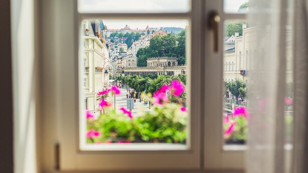 A view through a window with pink flowers in the foreground, a street with buildings, and a hill in the background. - Hotel Malta (Karlovy Vary)