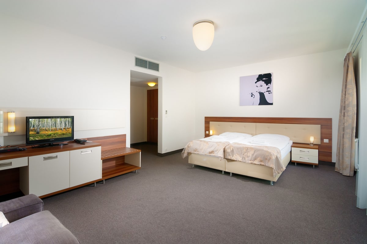 A hotel room with a bed, a TV, a desk, and a painting on the wall.