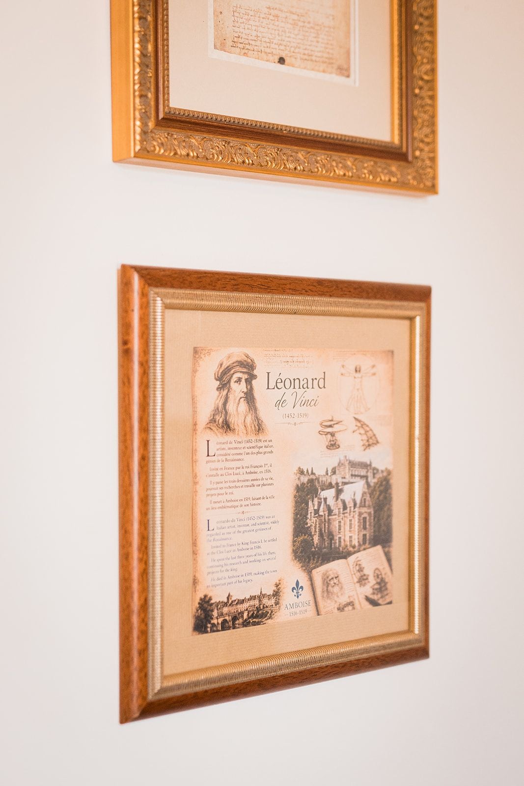 Deux panneaux d’information encadrés, comportant du texte et des images, fixés à un mur.