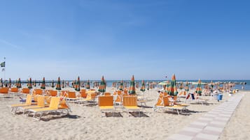 Plage privée, chaises longues, parasols, serviettes de plage