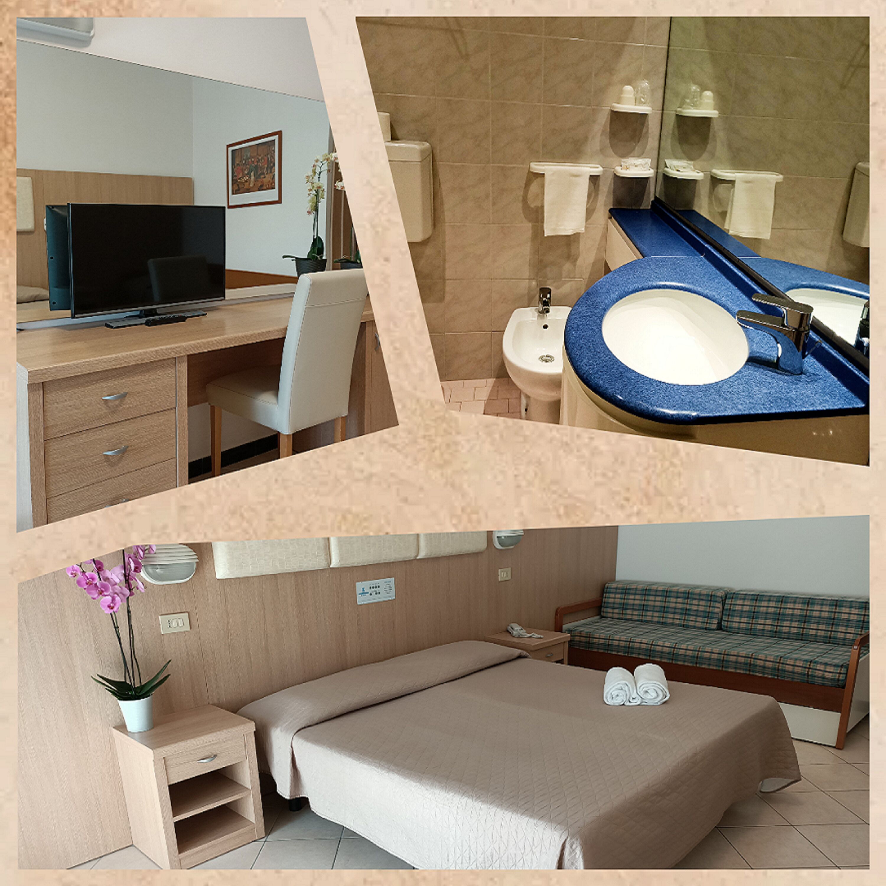 Une chambre d’hôtel équipée d’un bureau, d’une télévision, d’une salle de bain avec un lavabo et un miroir, et d’un lit avec un oreiller et une serviette roulée.