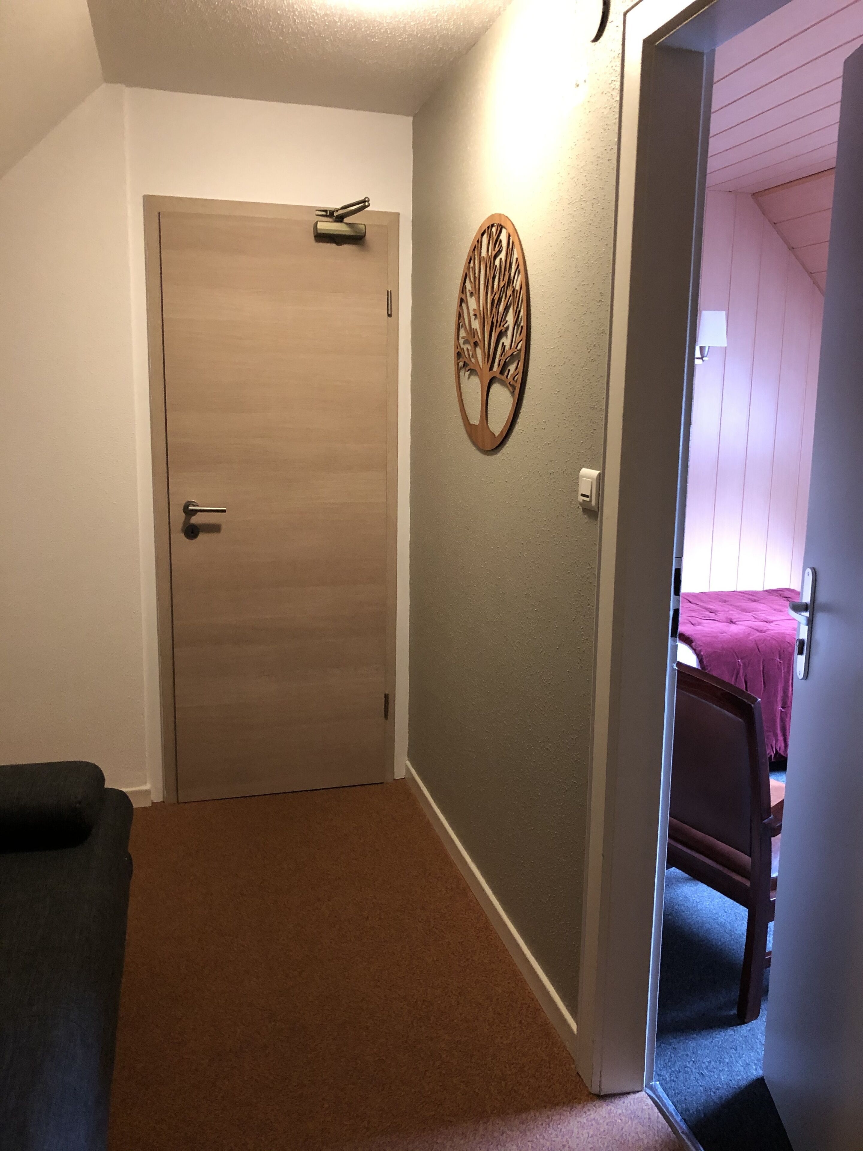 A room with a wooden door, a wall-mounted light fixture, and a carpeted floor.