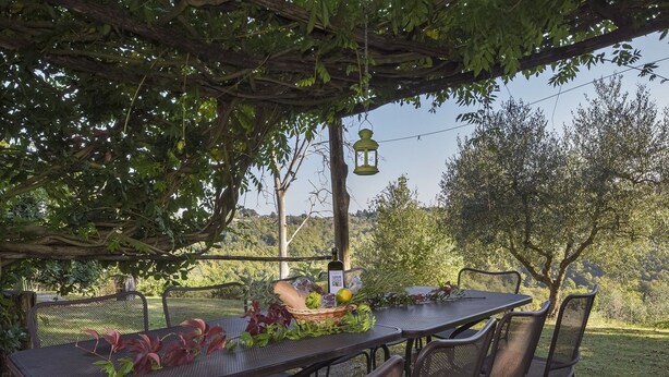 An outdoor dining area with a table and chairs under a pergola, surrounded by greenery and trees. - Bosco Lazzeroni Residence (Montaione)