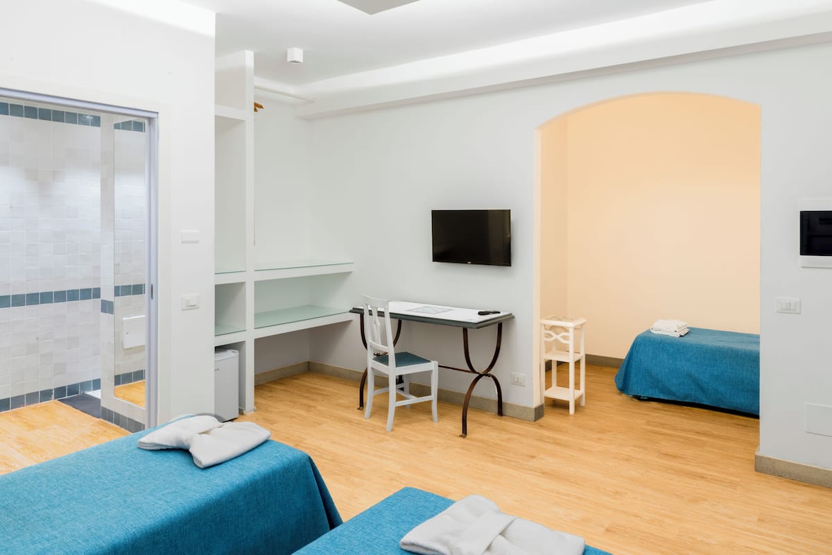 Een hotelkamer met een bureau, stoel, twee bedden, een televisie en een douche.