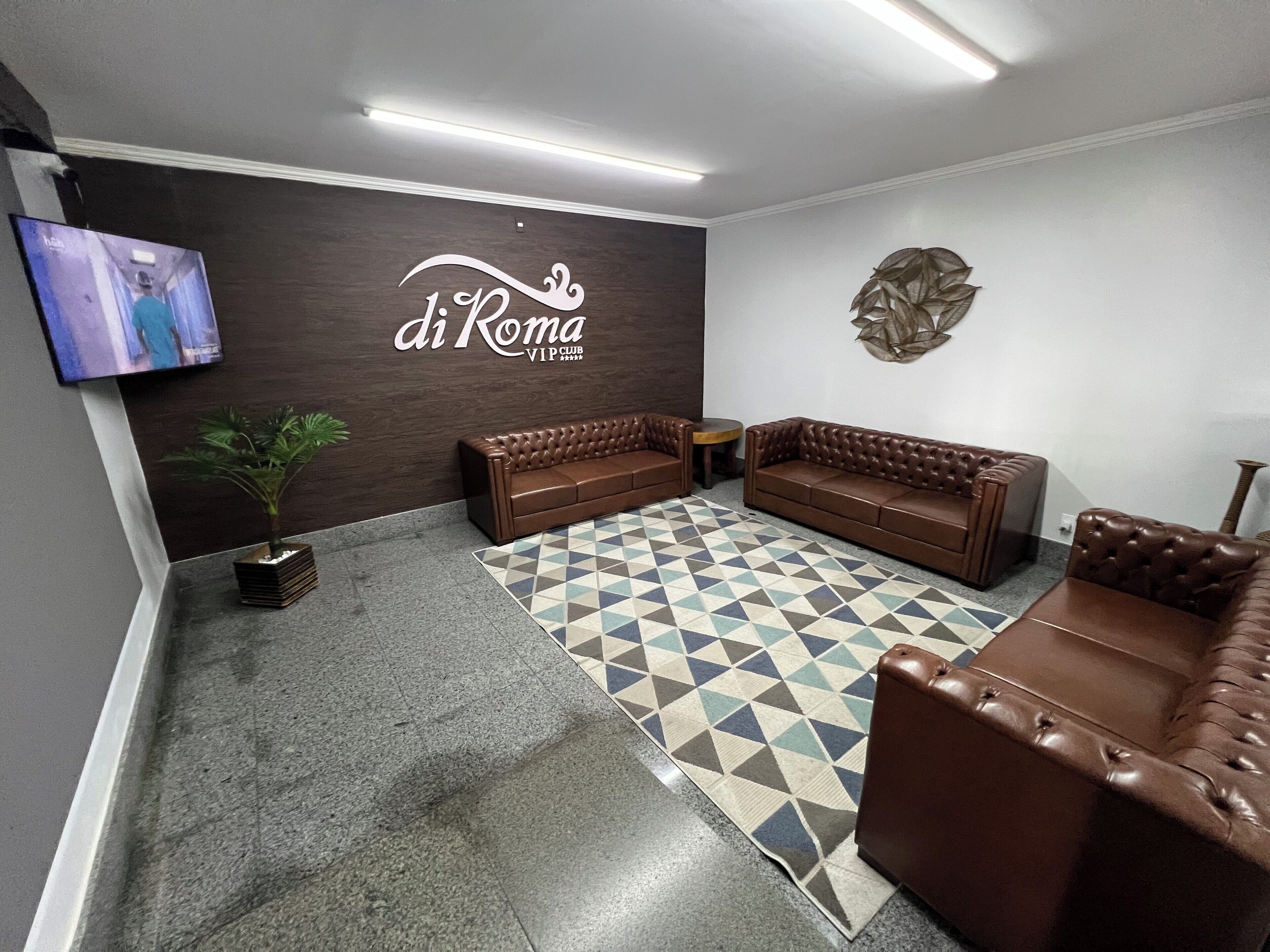 Um hall com um sofá de couro marrom, um tapete estampado, uma televisão na parede e um ornamento decorativo.