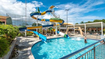 6 outdoor pools, a waterfall pool, pool umbrellas, sun loungers