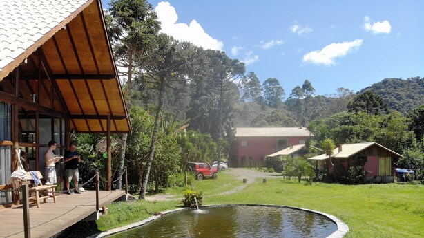 Ein Pool mit Holzterrasse und Liegestühlen, umgeben von Grünpflanzen und einem roten Gebäude im Hintergrund.