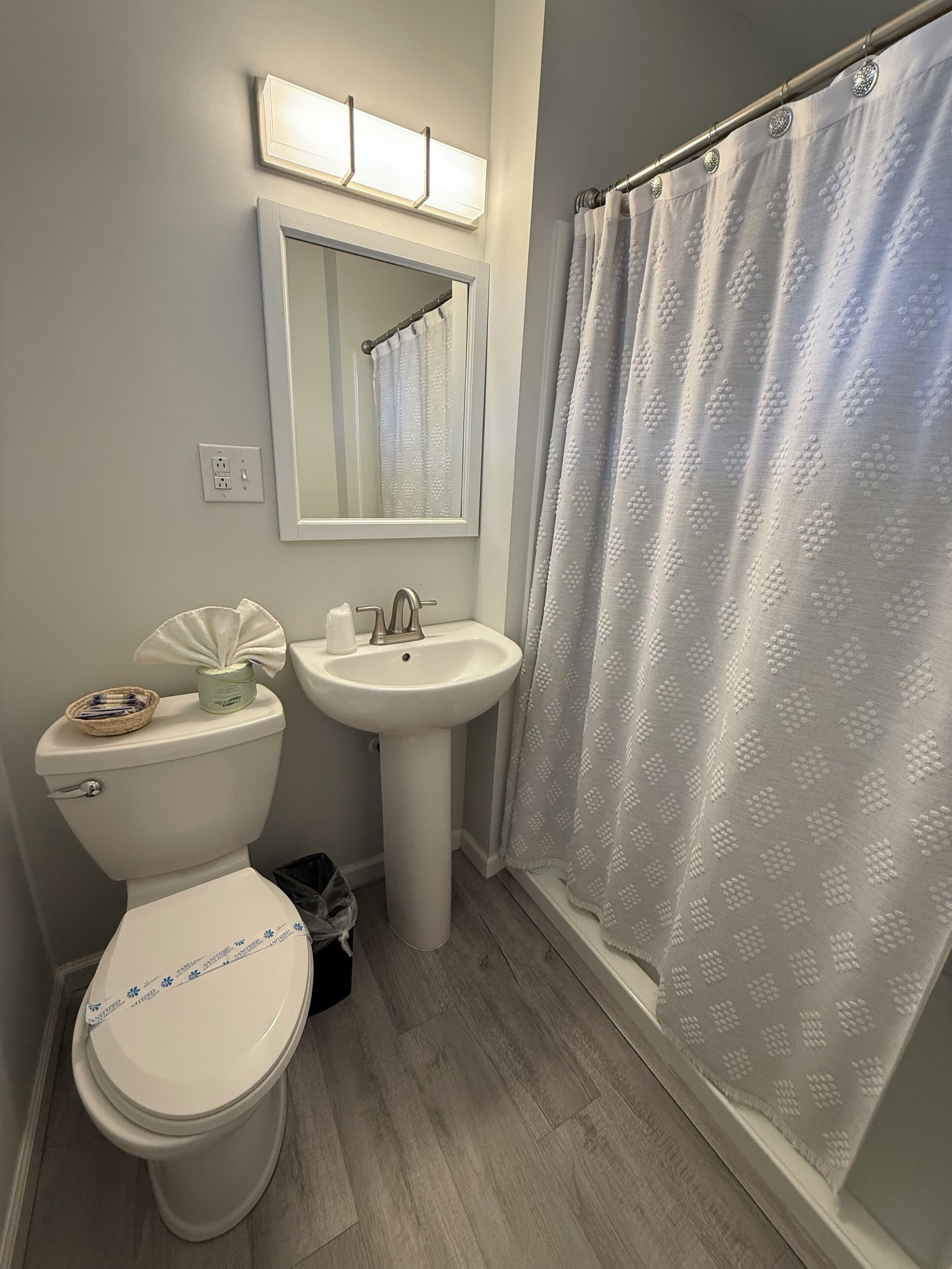 A bathroom with a toilet, sink, mirror, and shower curtain.