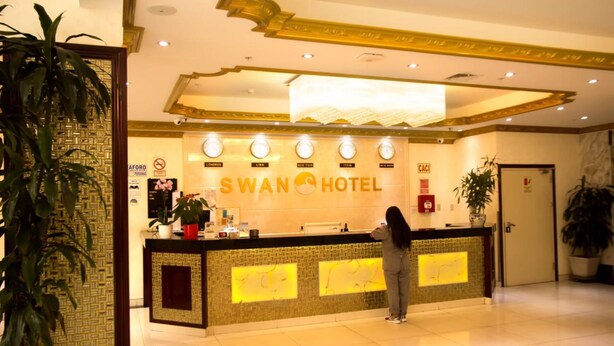 Una recepción con un letrero que dice "SWAN HOTEL" y una mujer de pie frente a ella.