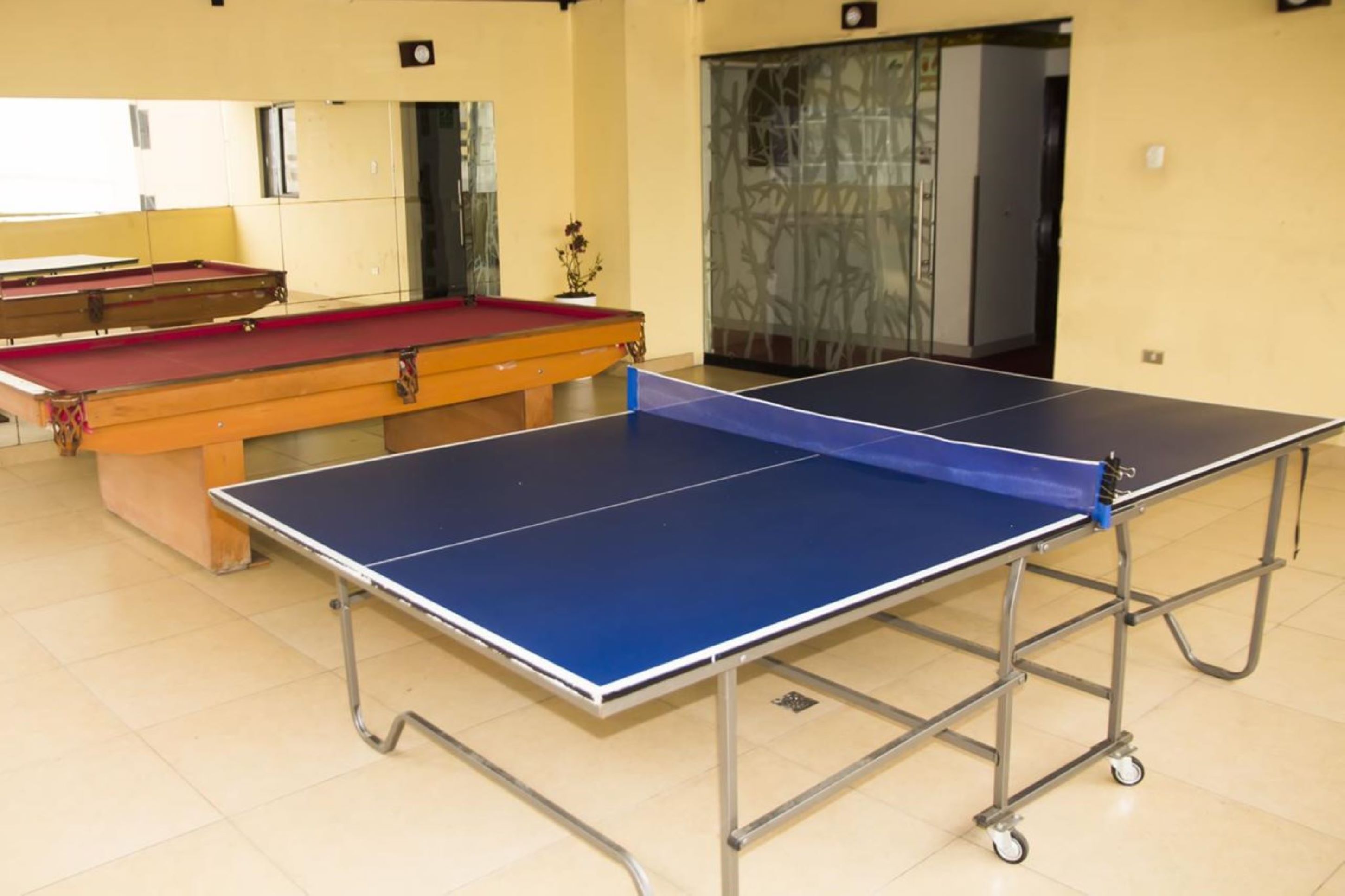 A ping pong table with a blue playing surface, a pool table with a red felt, and a mirrored wall.