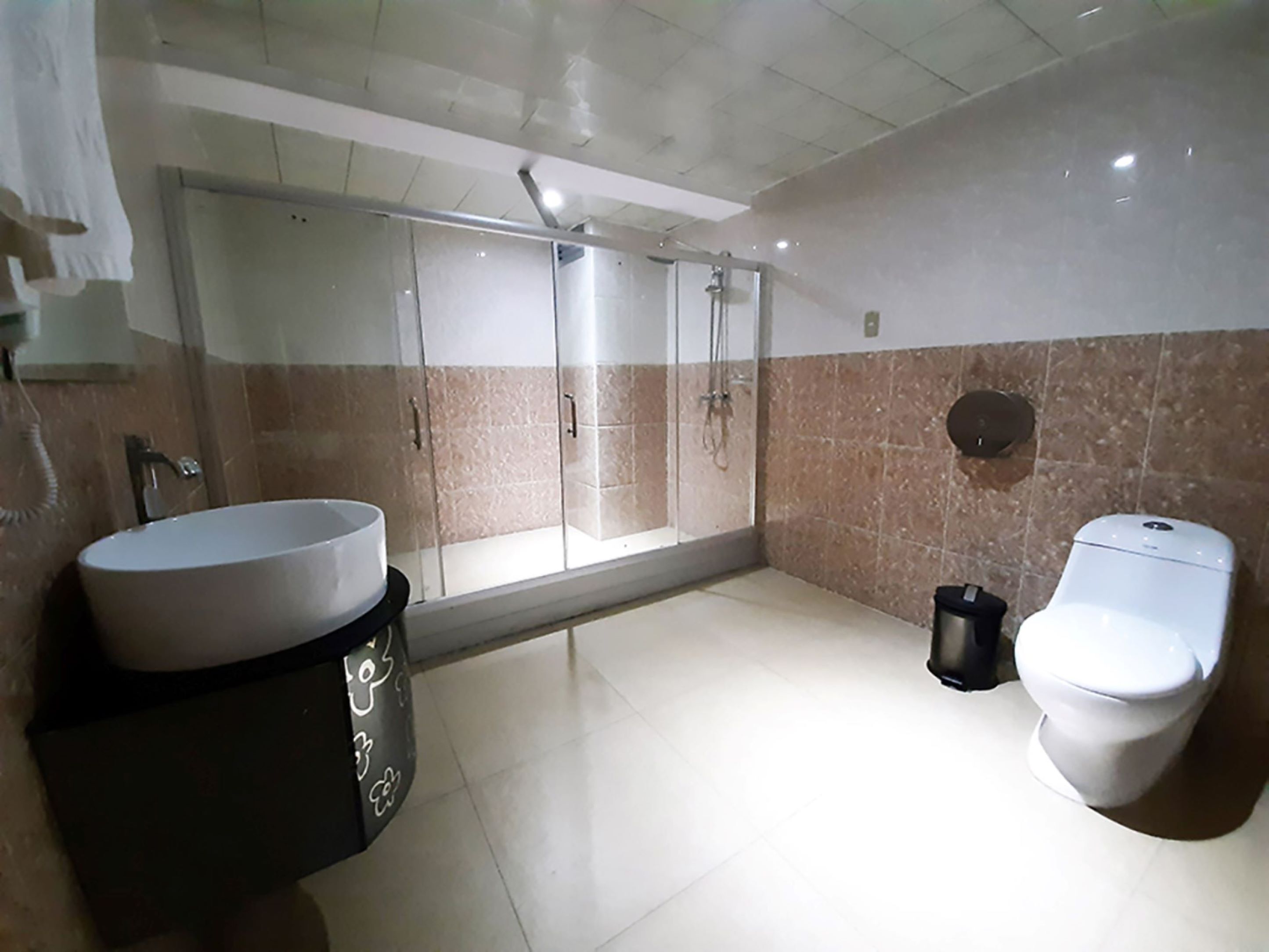 A modern bathroom with a large sink, toilet, and walk-in shower.