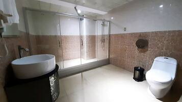 A modern bathroom with a large sink, toilet, and walk-in shower.