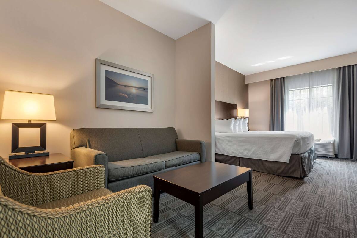 A hotel room with a sofa, a small table, a bed with a white comforter, a framed picture on the wall, and a window with curtains.