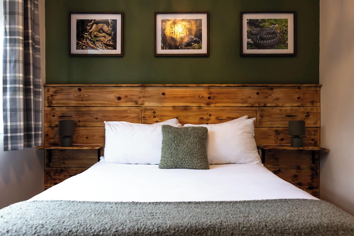 A neatly made bed with white linens and a green throw pillow, flanked by two wooden nightstands with lamps, against a green wall with three framed pictures.