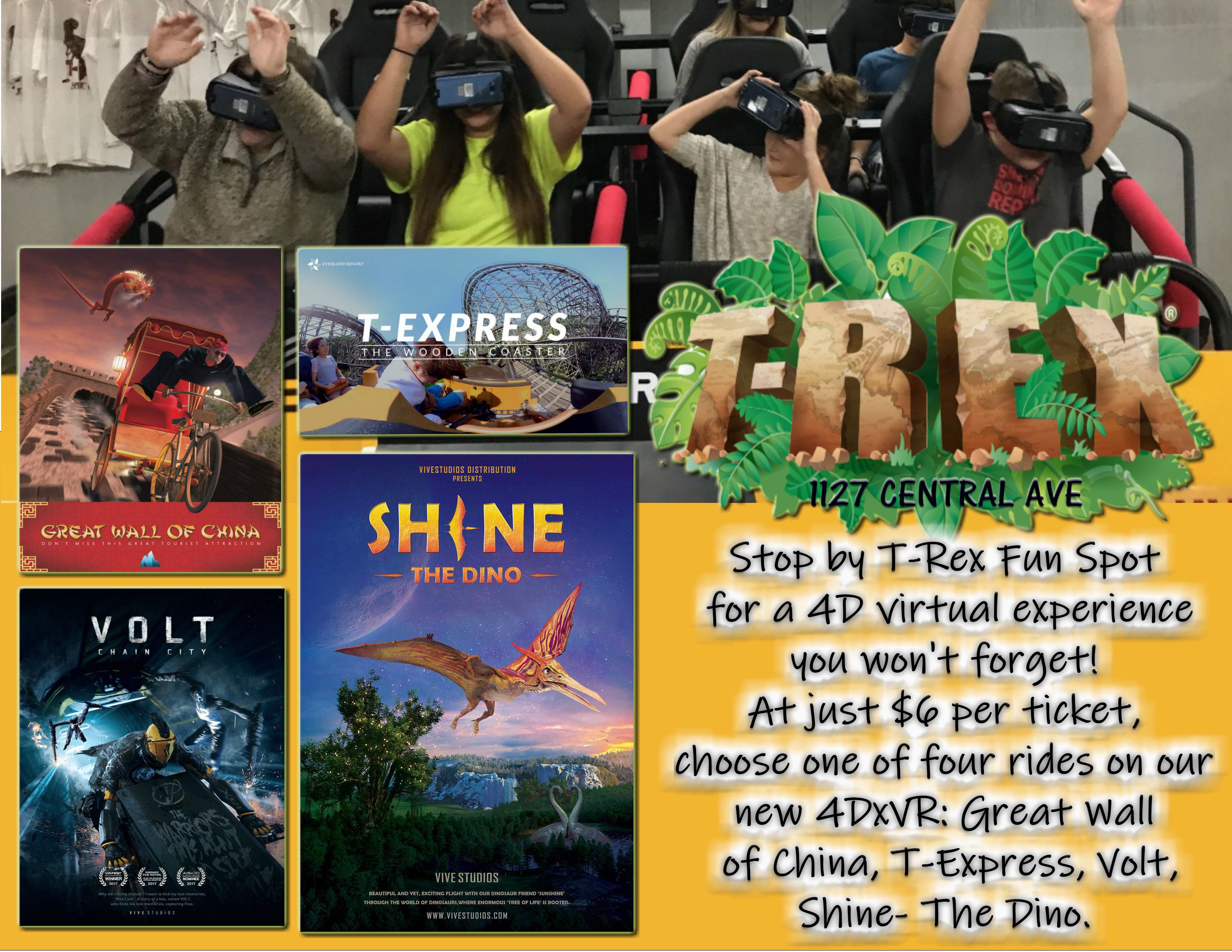 A VR experience advertisement with four different ride options: Great Wall of China, T-Express, Volt, and Shine - The Dino.