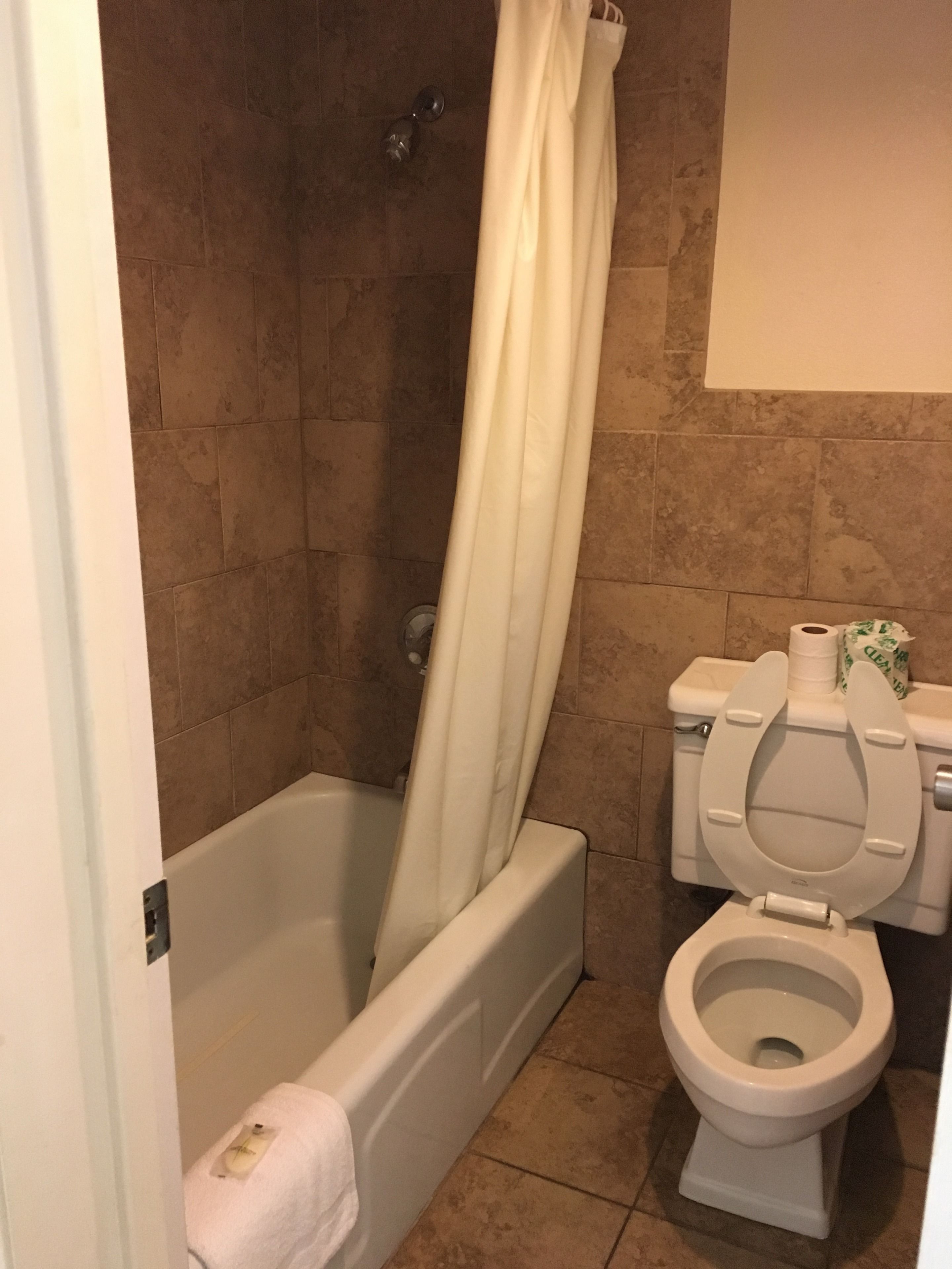 A bathroom with a bathtub, toilet, and shower curtain.