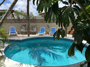 Une piscine aux carreaux bleus, entourée de chaises longues et de plantes tropicales.