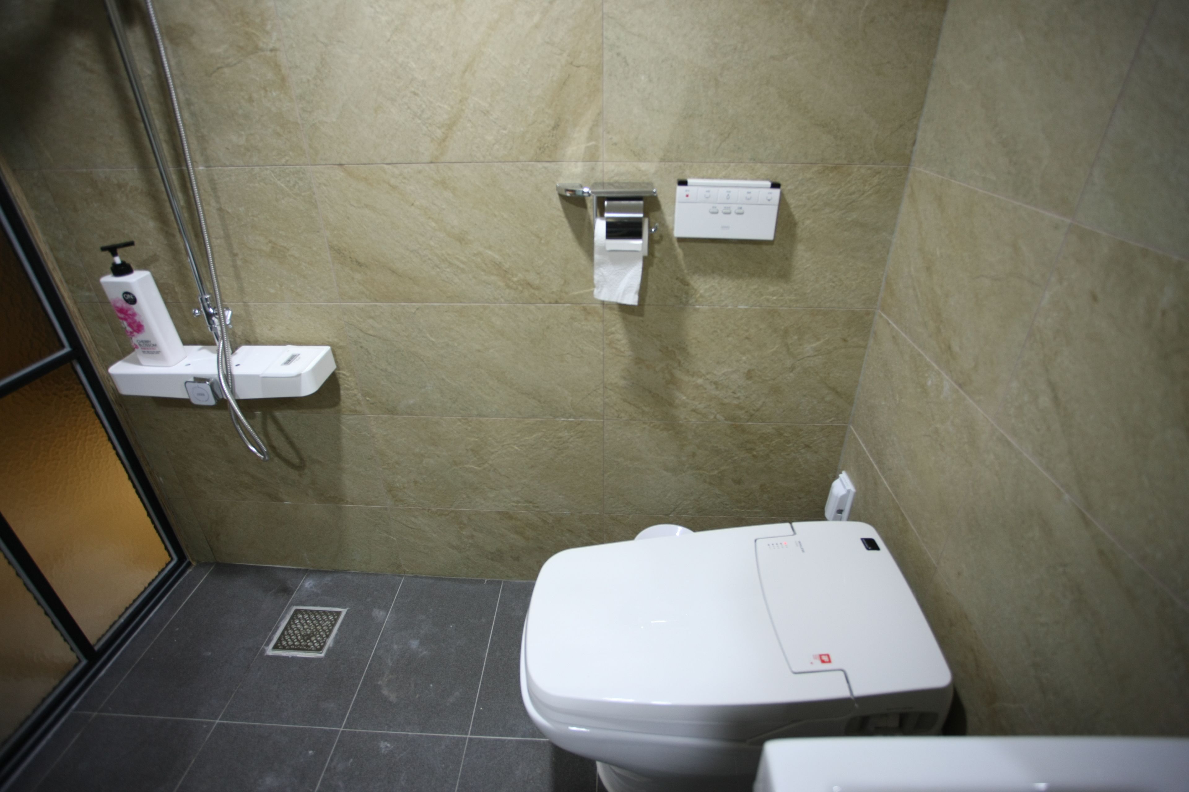 A bathroom with a toilet, a shower, and a hand dryer.