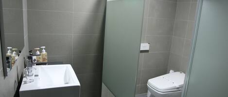 A modern bathroom with a glass-enclosed shower, a white bathtub, and a sink with toiletries.