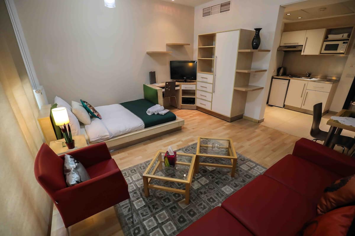 Un espacio habitable compacto con una cama, un televisor, una kitchenette y una zona de estar con una mesa de centro.