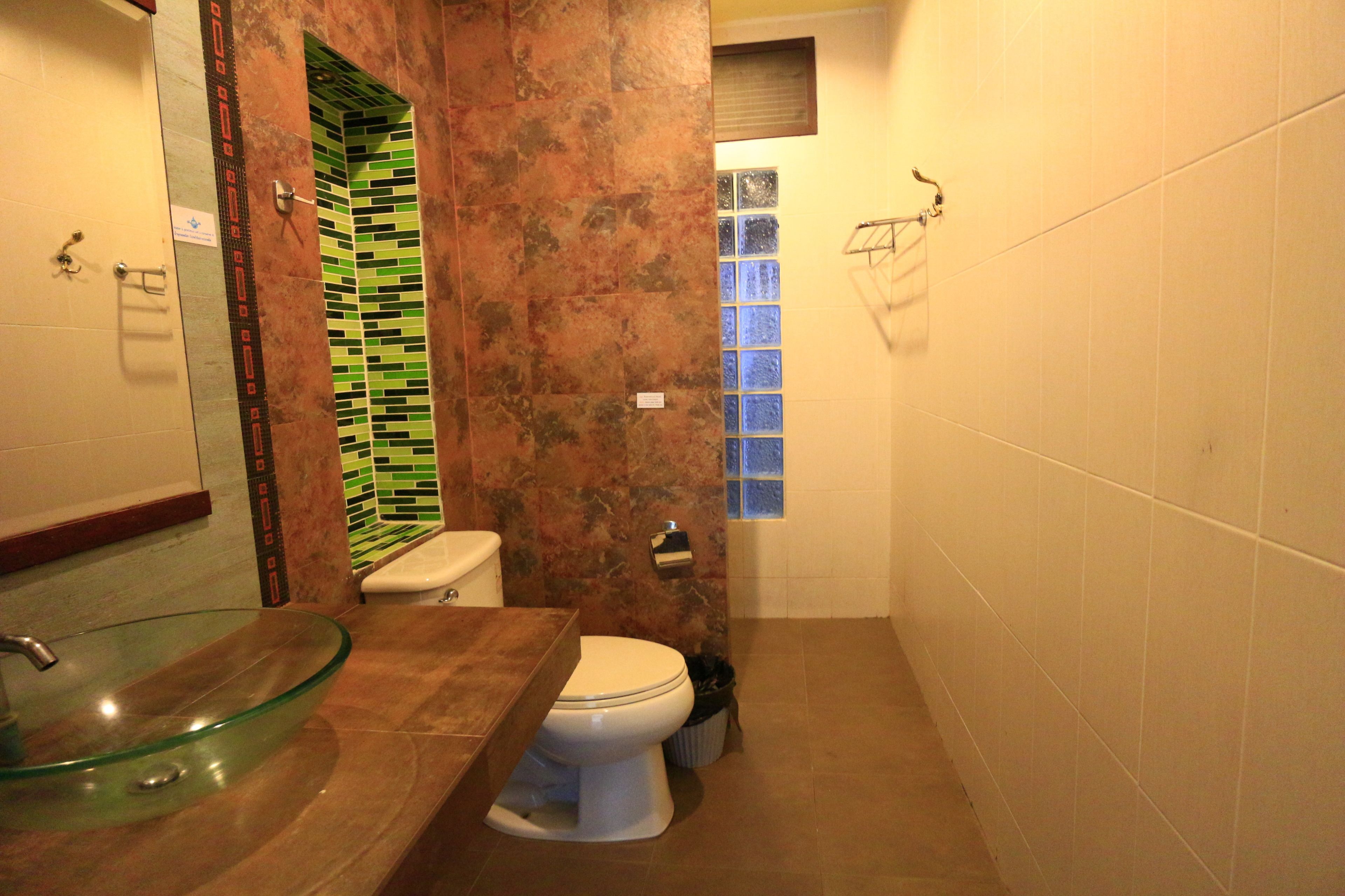 A bathroom with a glass sink, a toilet, and a shower area.