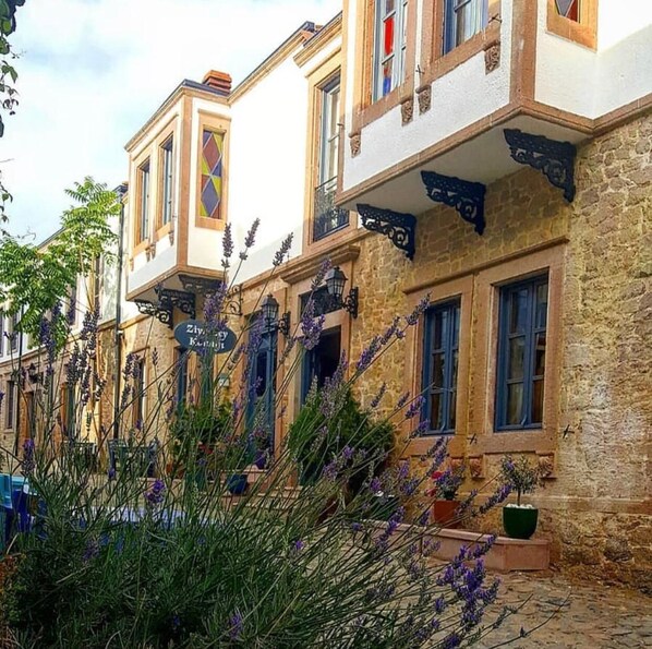 A row of traditional stone buildings with balconies and window shutters, surrounded by lavender plants.