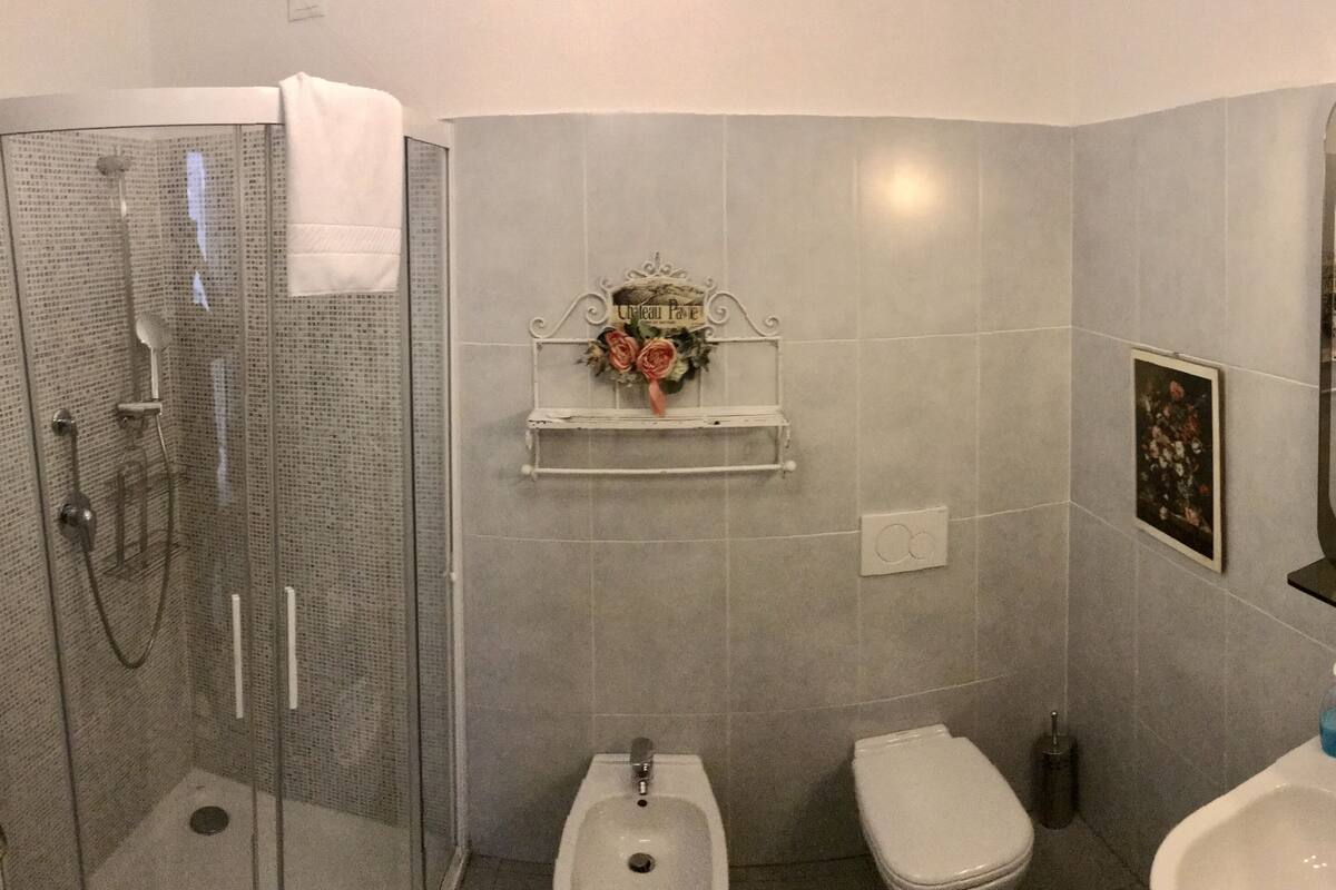 Un baño con ducha de vidrio, un bidé, un inodoro y un lavabo con espejo.