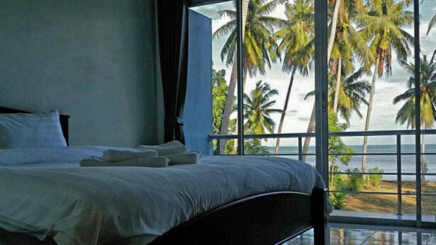 A bedroom with a large bed, a view of palm trees and the sea through a window.