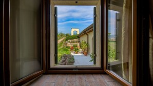 Vista desde una habitación a través de una puerta abierta, mostrando un patio con un arco de piedra, plantas en macetas y un camino de ladrillos.