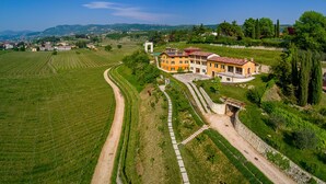 Una villa grande y amarilla con un sendero de piedra que lleva a un porche cubierto, rodeada de campos verdes exuberantes y un paisaje montañoso.