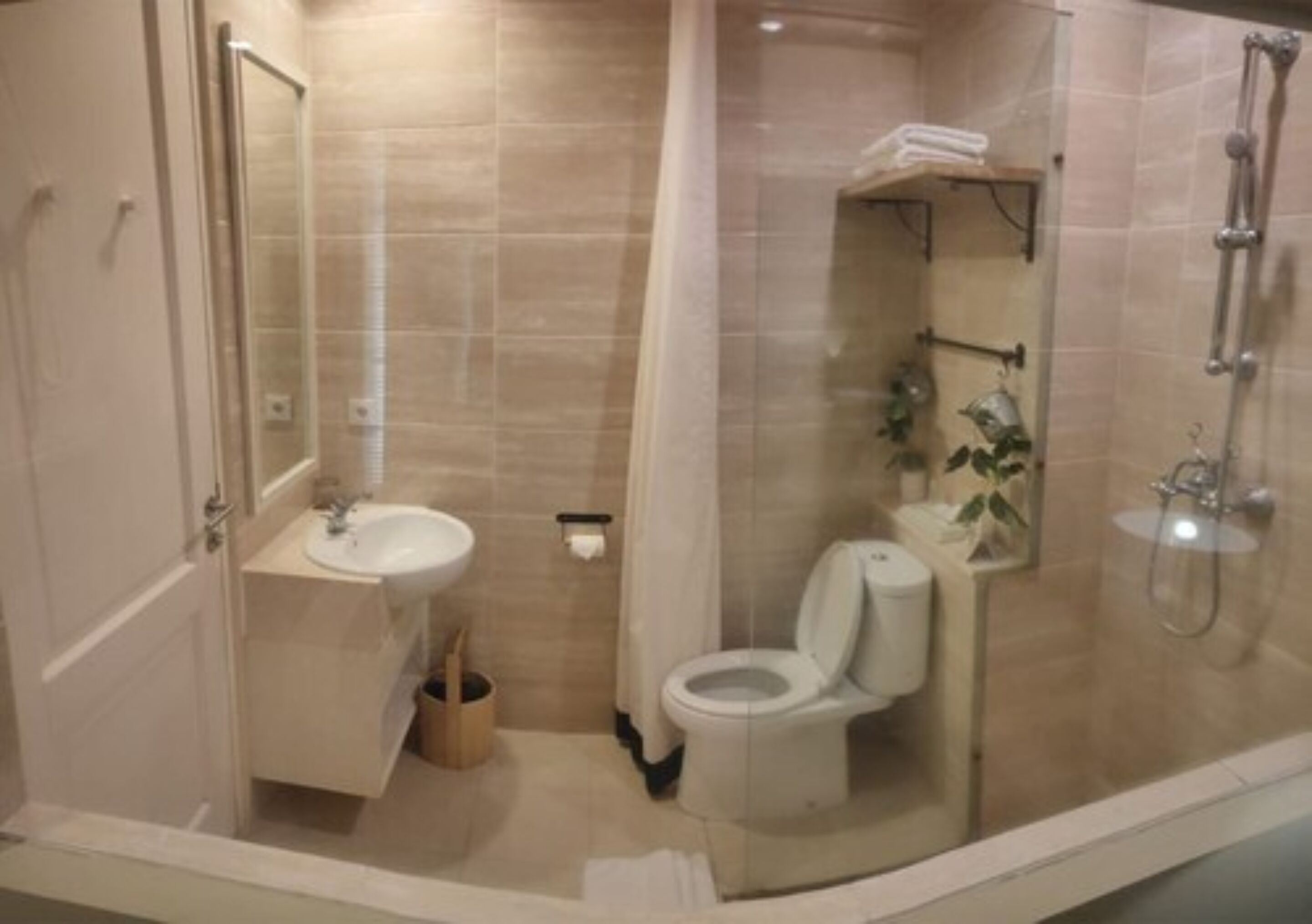 shower, rainfall showerhead, hair dryer, bathrobes