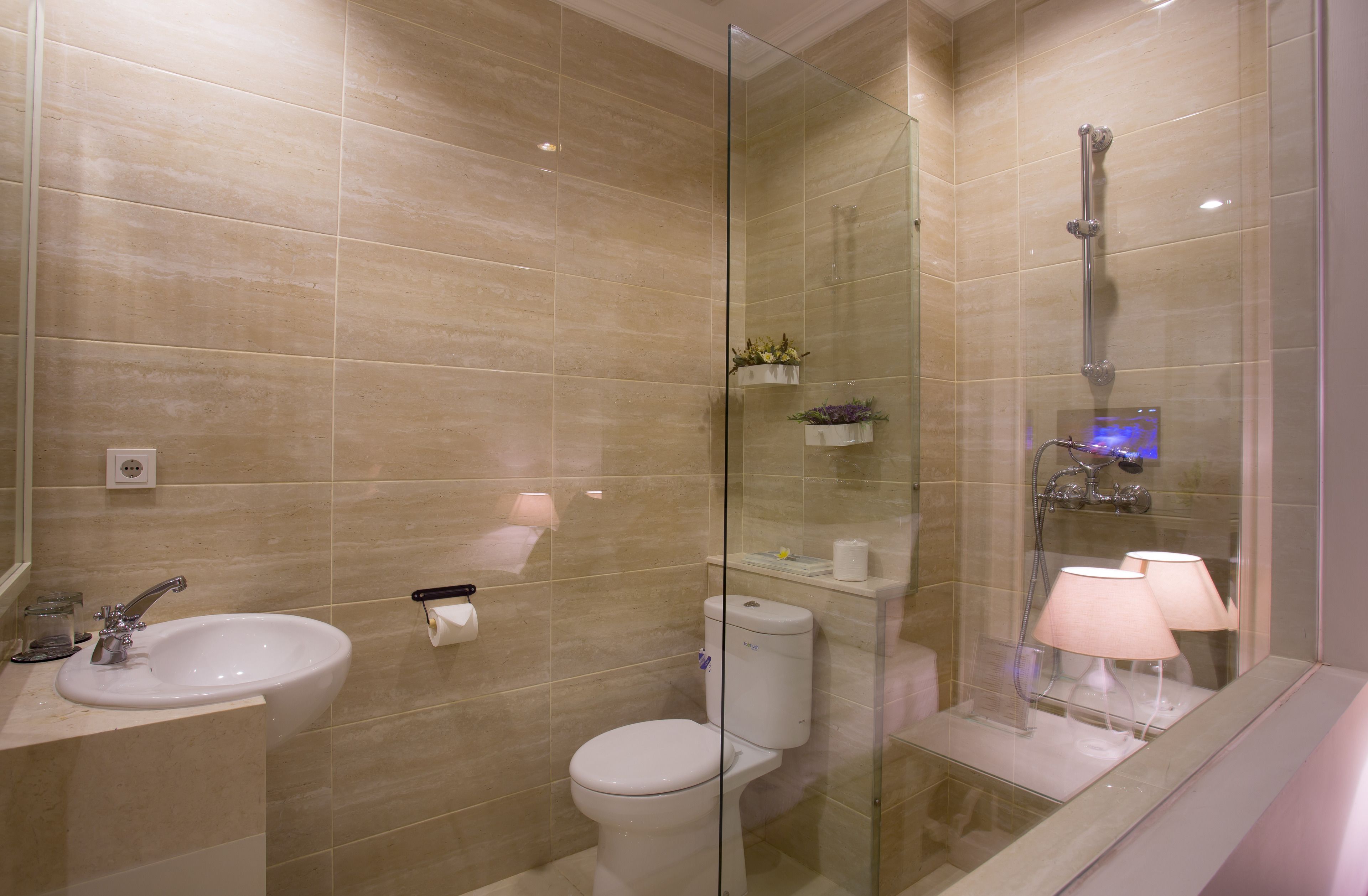 shower, rainfall showerhead, hair dryer, bathrobes