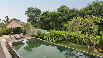 Outdoor pool, a heated pool, sun loungers