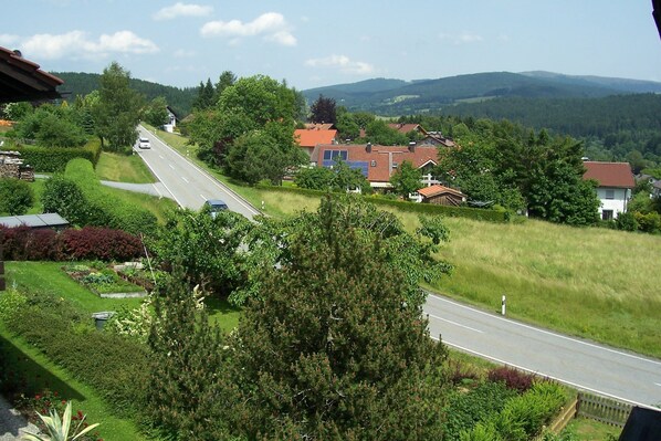 A residential area with houses, a road, and a hill in the background.