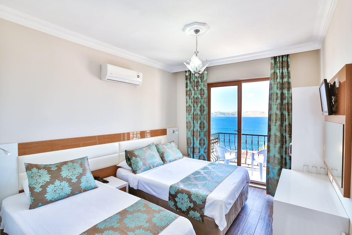 Une chambre d’hôtel avec deux lits, un balcon avec vue, un ventilateur de plafond et une télévision.