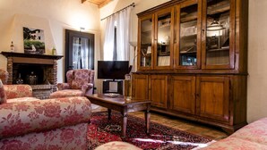 A cozy living room with floral-patterned sofas, a wooden cabinet with glass doors, a fireplace, and a television. - La Locanda di Sant'Anna (Truccazzano)
