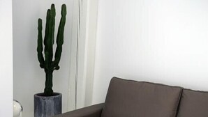 A room with a brown sofa, a cactus in a grey pot, and a white wall. - L'Hôtel Particulier (Nancy)