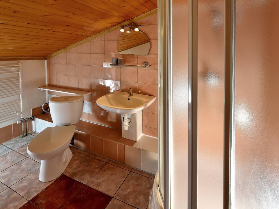 A bathroom with a toilet, sink, and mirror.