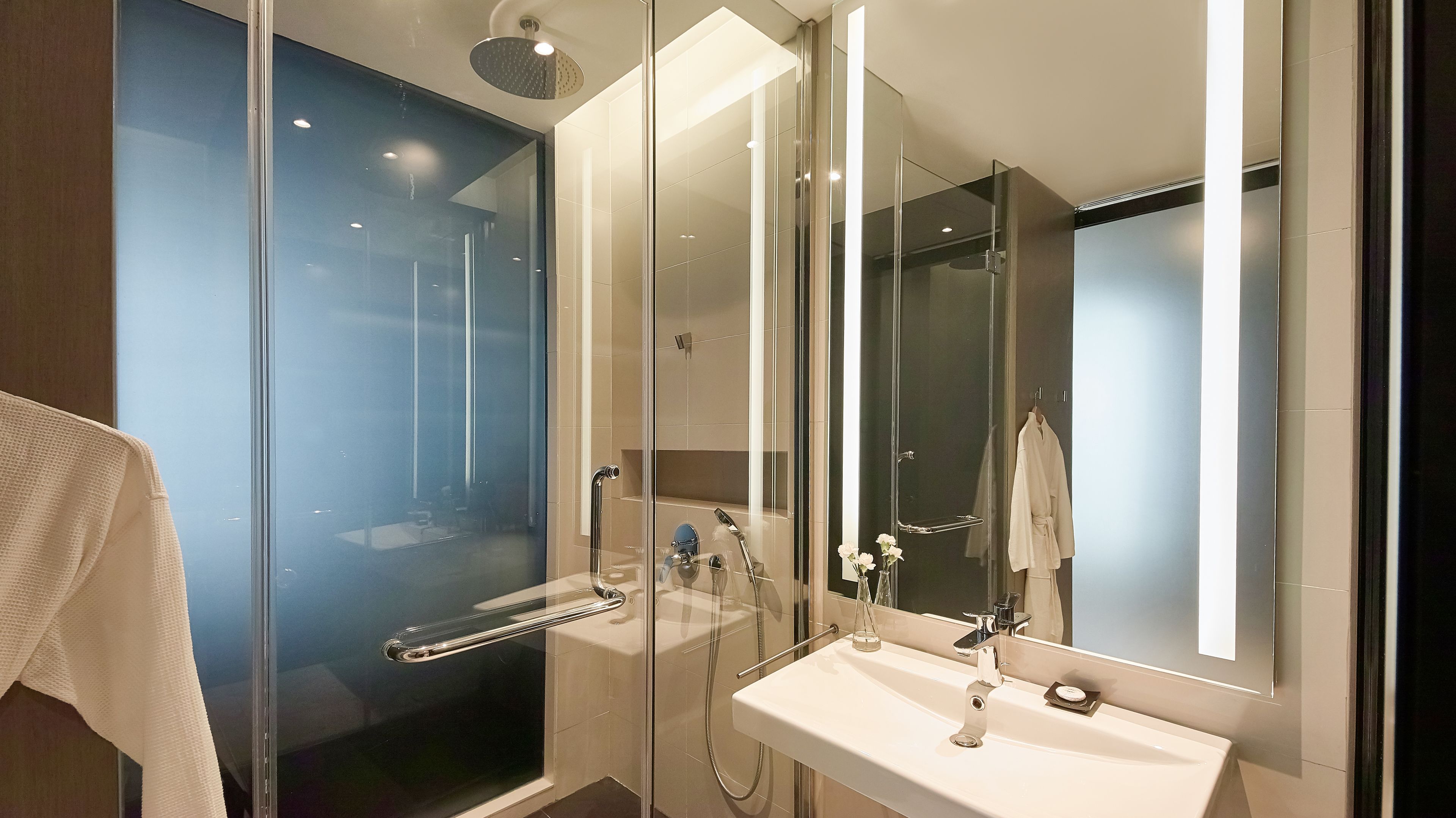 A modern bathroom with a glass shower enclosure, a white sink, and a large mirror.