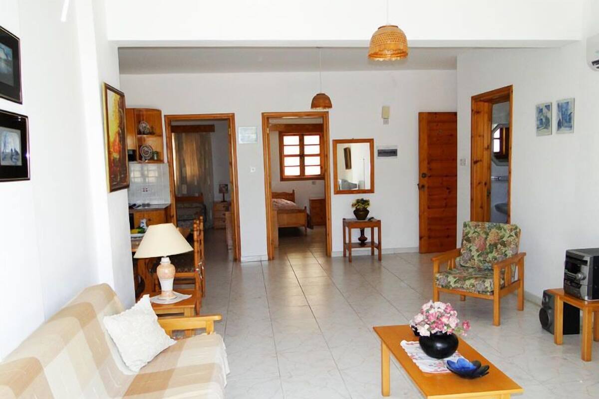 Un amplio salón con un sofá, una mesa baja con flores, una silla y un televisor.