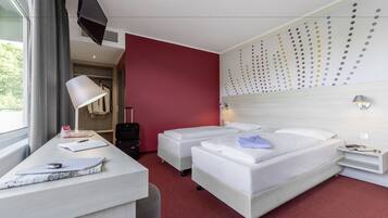 Premium bedding, desk, blackout curtains, soundproofing