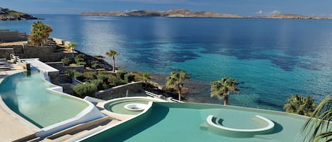 Outdoor pool, pool umbrellas, pool loungers