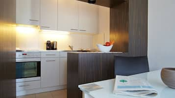 Business Penthouse Studio Apartment | Cucina privata | Frigorifero con congelatore, microonde, piano cottura