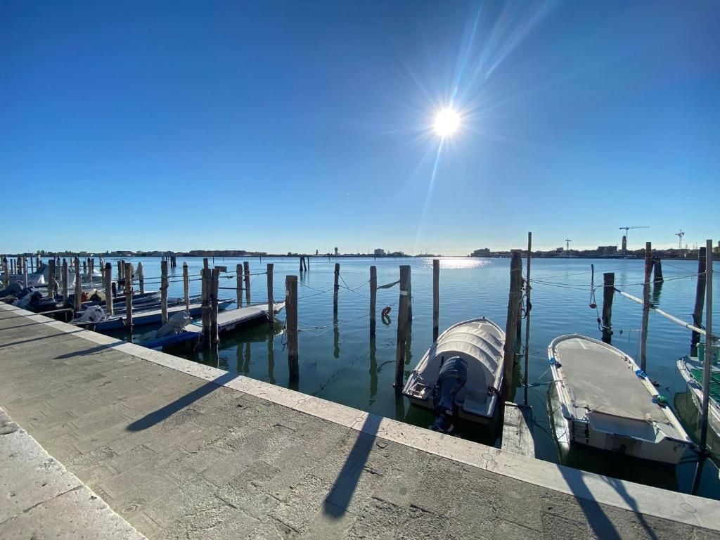 Un puerto deportivo con barcos amarrados, cielo despejado y sol brillante.