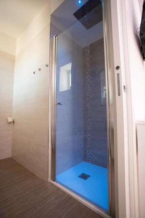 Shower, free toiletries, hair dryer, towels